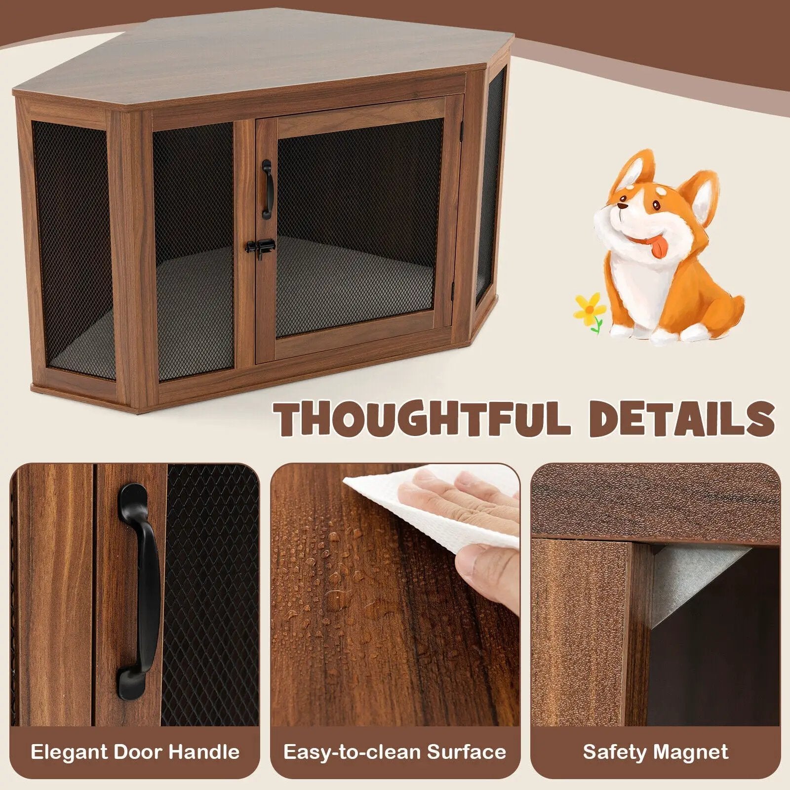 Corner Dog Kennel with Mesh Door and Cushion-Brown by DirectDeals