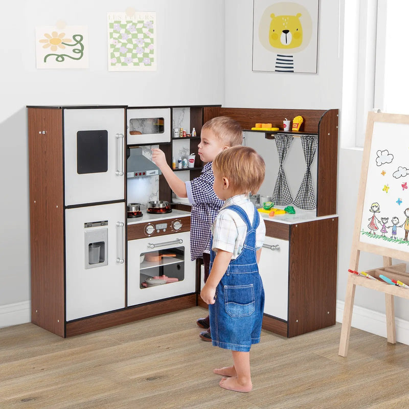Wooden Corner Play Kitchen with Water Circulation System and Lights-Brown by DirectDeals