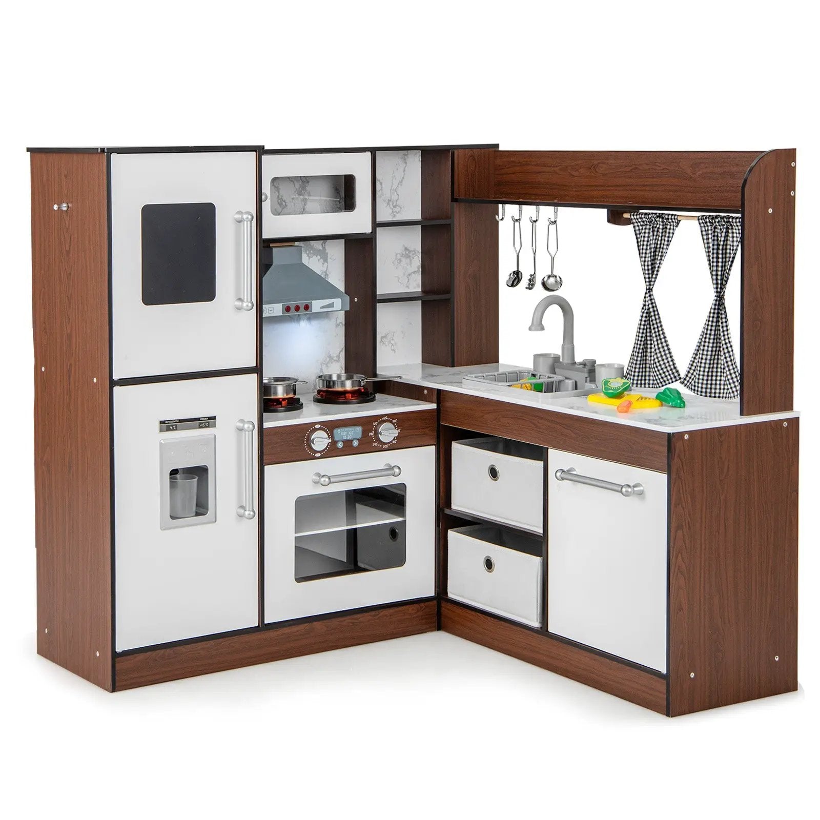 Wooden Corner Play Kitchen with Water Circulation System and Lights-Brown by DirectDeals