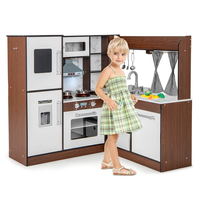 Wooden Corner Play Kitchen with Water Circulation System and Lights-Brown by DirectDeals