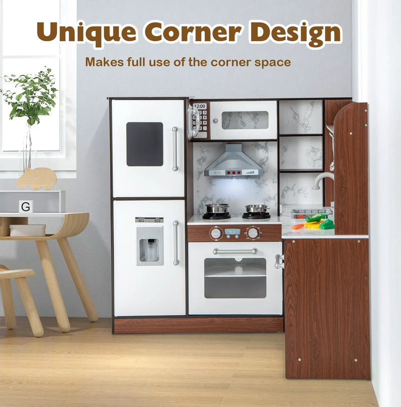 Wooden Corner Play Kitchen with Water Circulation System and Lights-Brown by DirectDeals