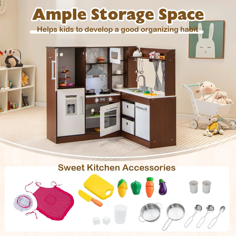 Wooden Corner Play Kitchen with Water Circulation System and Lights-Brown by DirectDeals