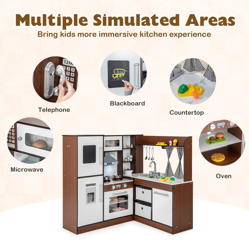 Wooden Corner Play Kitchen with Water Circulation System and Lights-Brown by DirectDeals