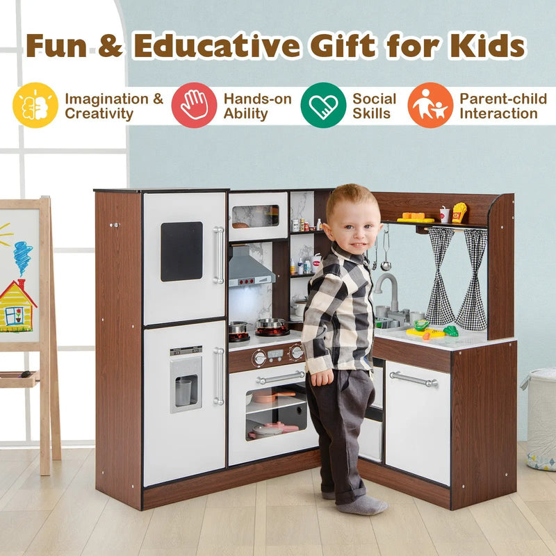 Wooden Corner Play Kitchen with Water Circulation System and Lights-Brown by DirectDeals