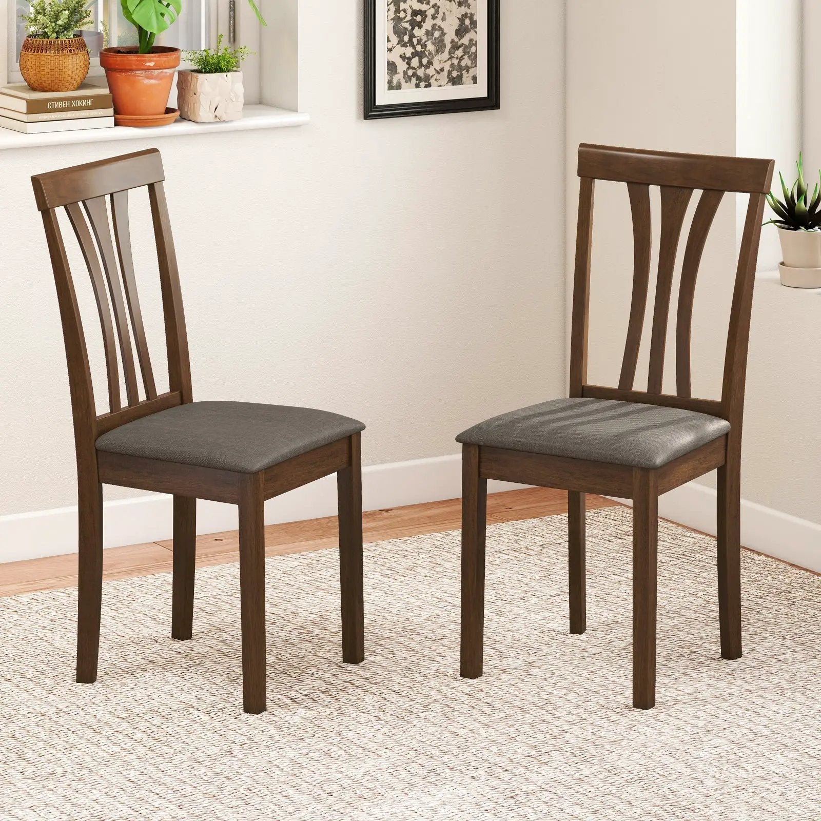 Wooden Dining Chairs Set of 2 with Linen Fabric Upholstered and Rubber Wood Frame-Brown by DirectDeals