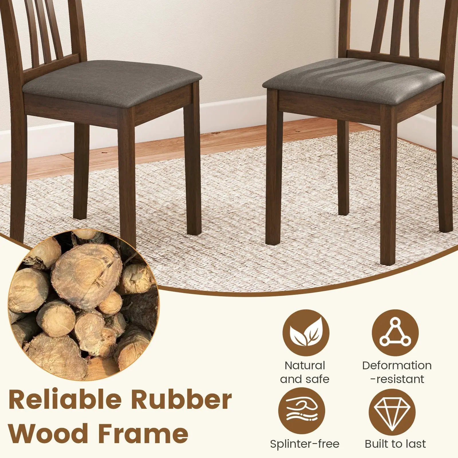 Wooden Dining Chairs Set of 2 with Linen Fabric Upholstered and Rubber Wood Frame-Brown by DirectDeals