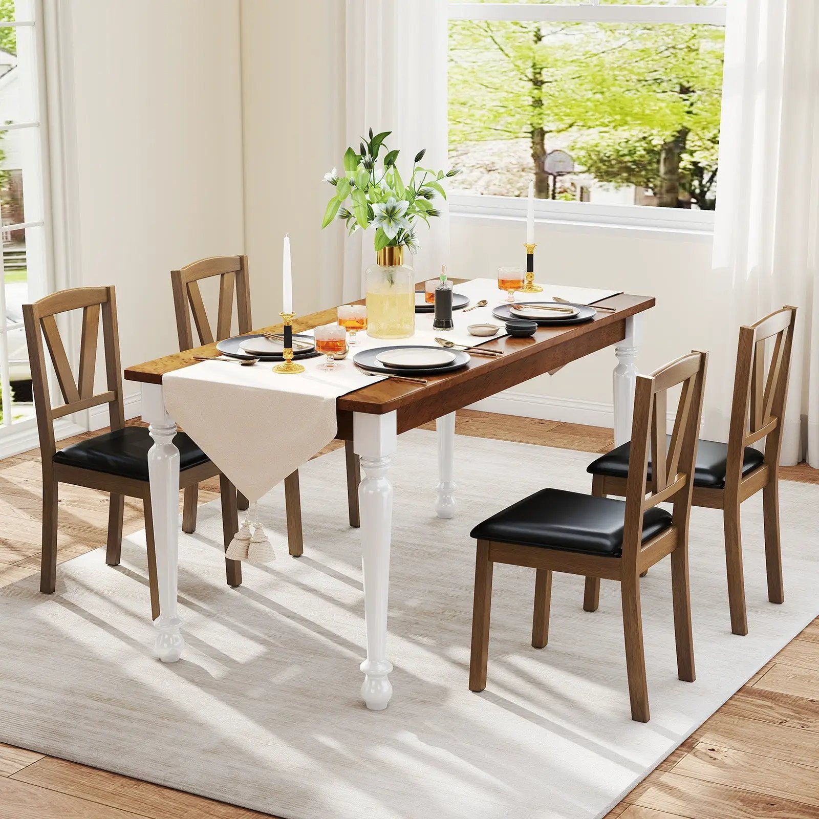 Wooden Dining Chair Set of 2 with PU Leather Upholstered and Rubber Wood Frame-Brown by DirectDeals