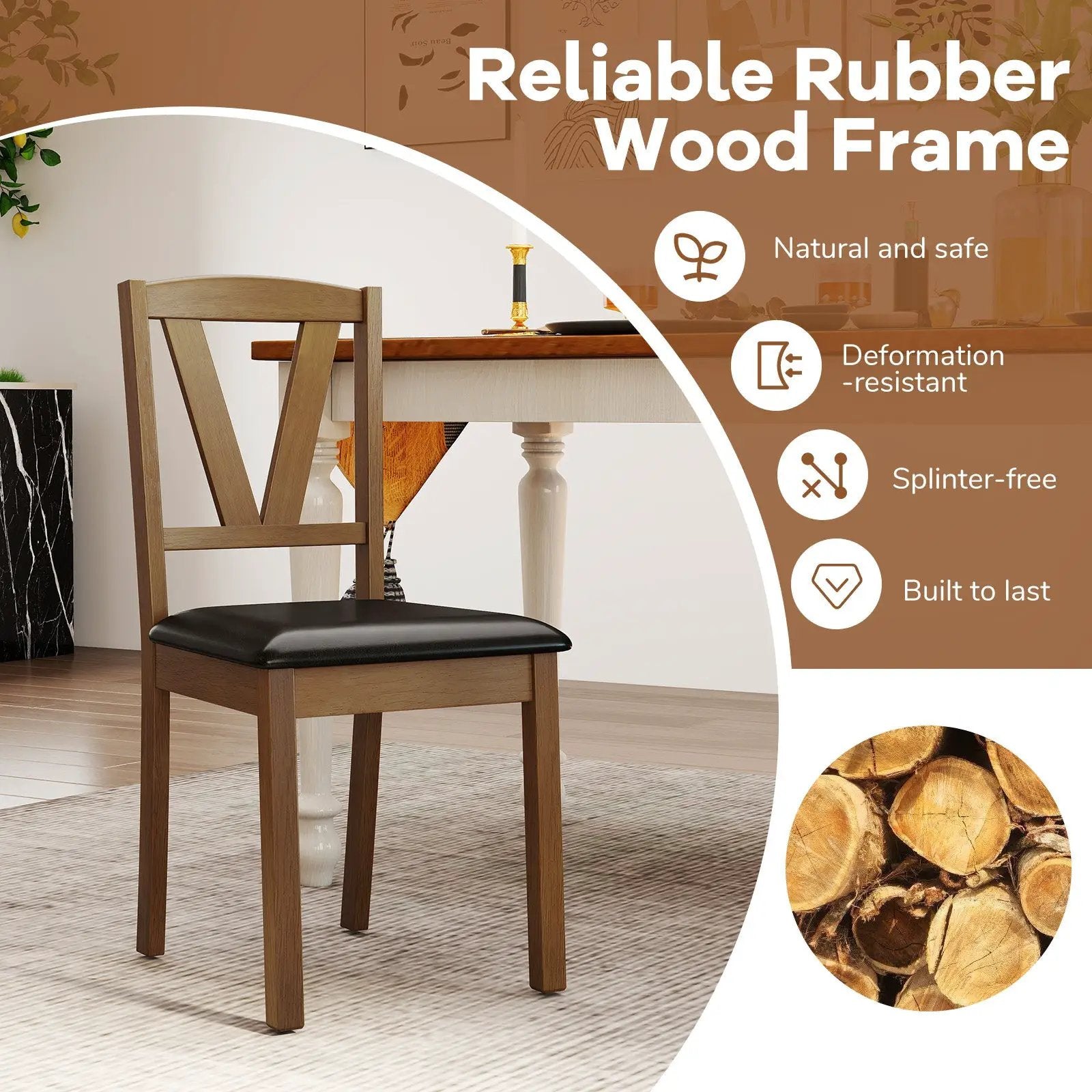 Wooden Dining Chair Set of 2 with PU Leather Upholstered and Rubber Wood Frame-Brown by DirectDeals