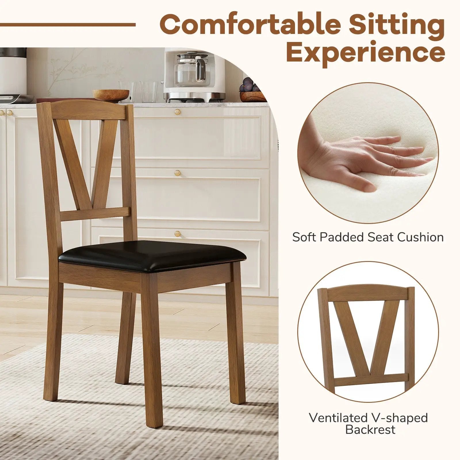 Wooden Dining Chair Set of 2 with PU Leather Upholstered and Rubber Wood Frame-Brown by DirectDeals