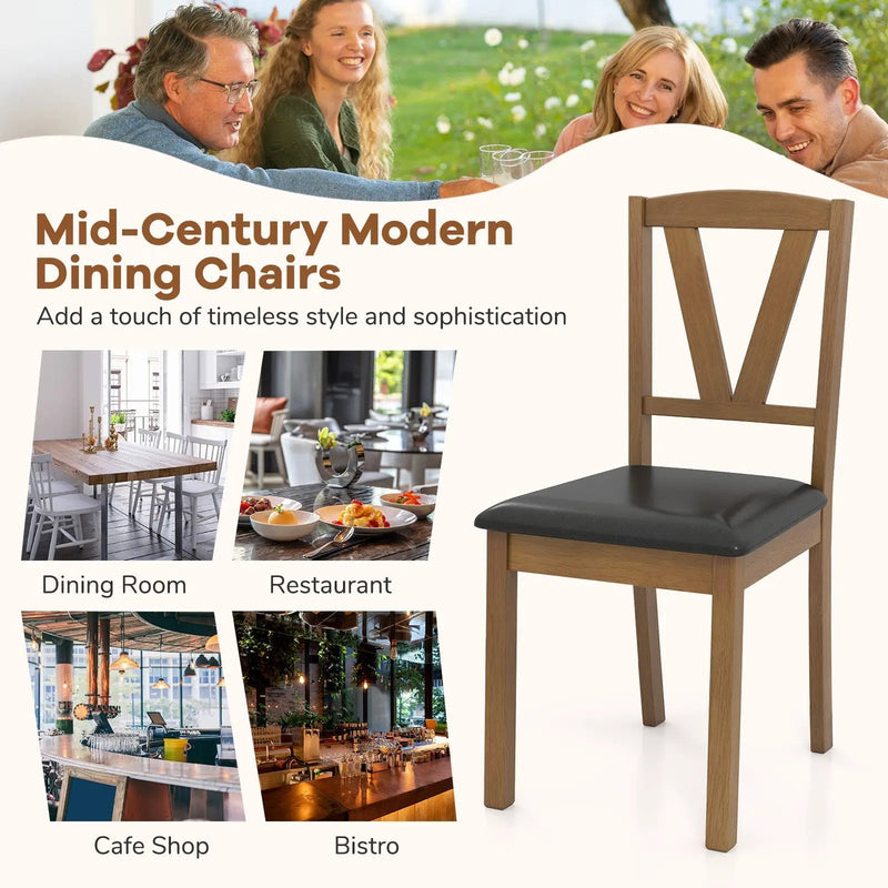 Wooden Dining Chair Set of 2 with PU Leather Upholstered and Rubber Wood Frame-Brown by DirectDeals
