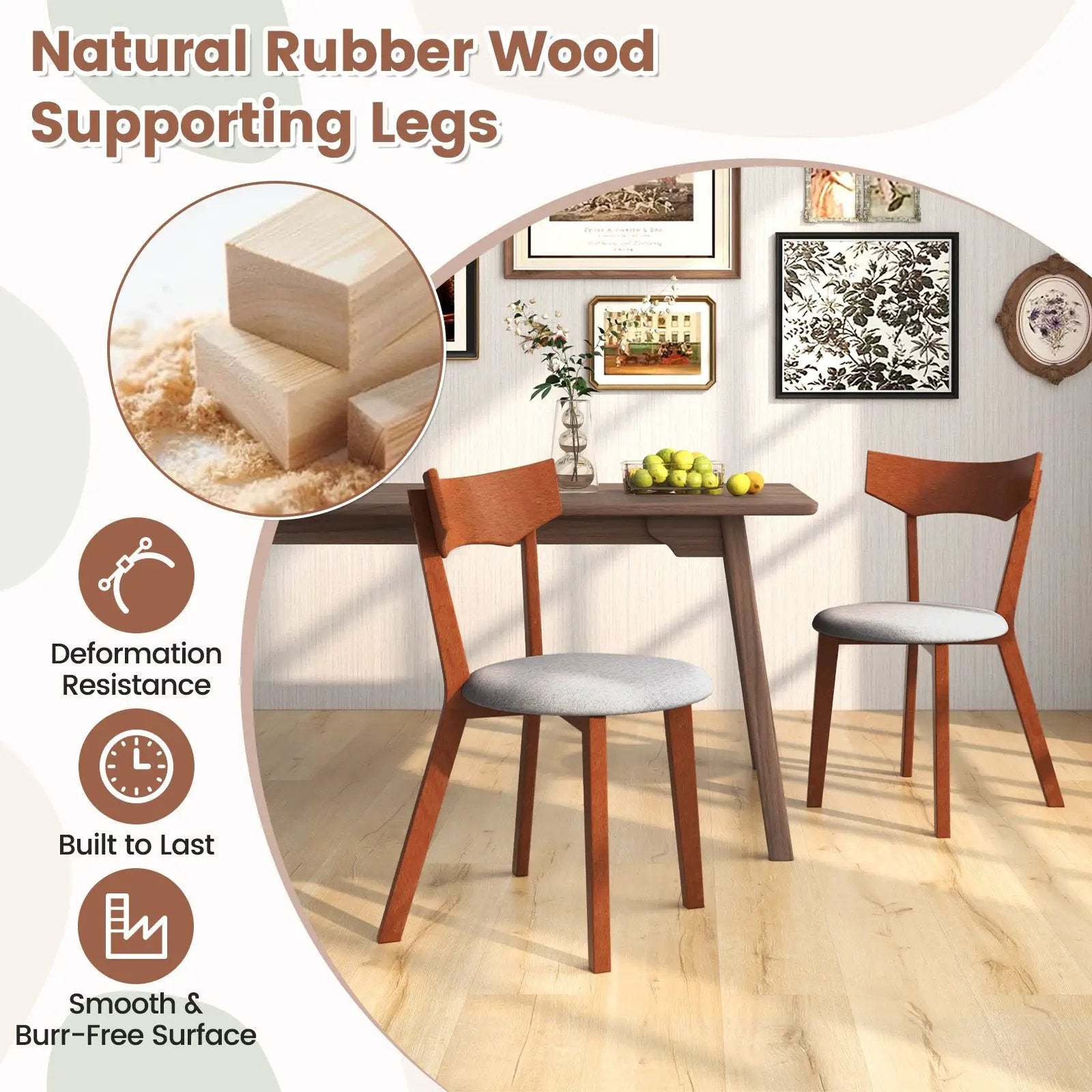 Wooden Dining Chair Set of 2 with Rubber Wood Legs and Padded Seat Cushion by DirectDeals
