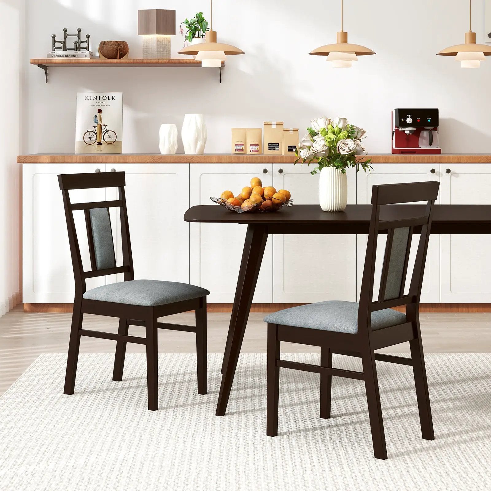 Wooden Dining Chair Set of 2 Linen Fabric Upholstered Kitchen Chairs with Rubber Wood Frame by DirectDeals