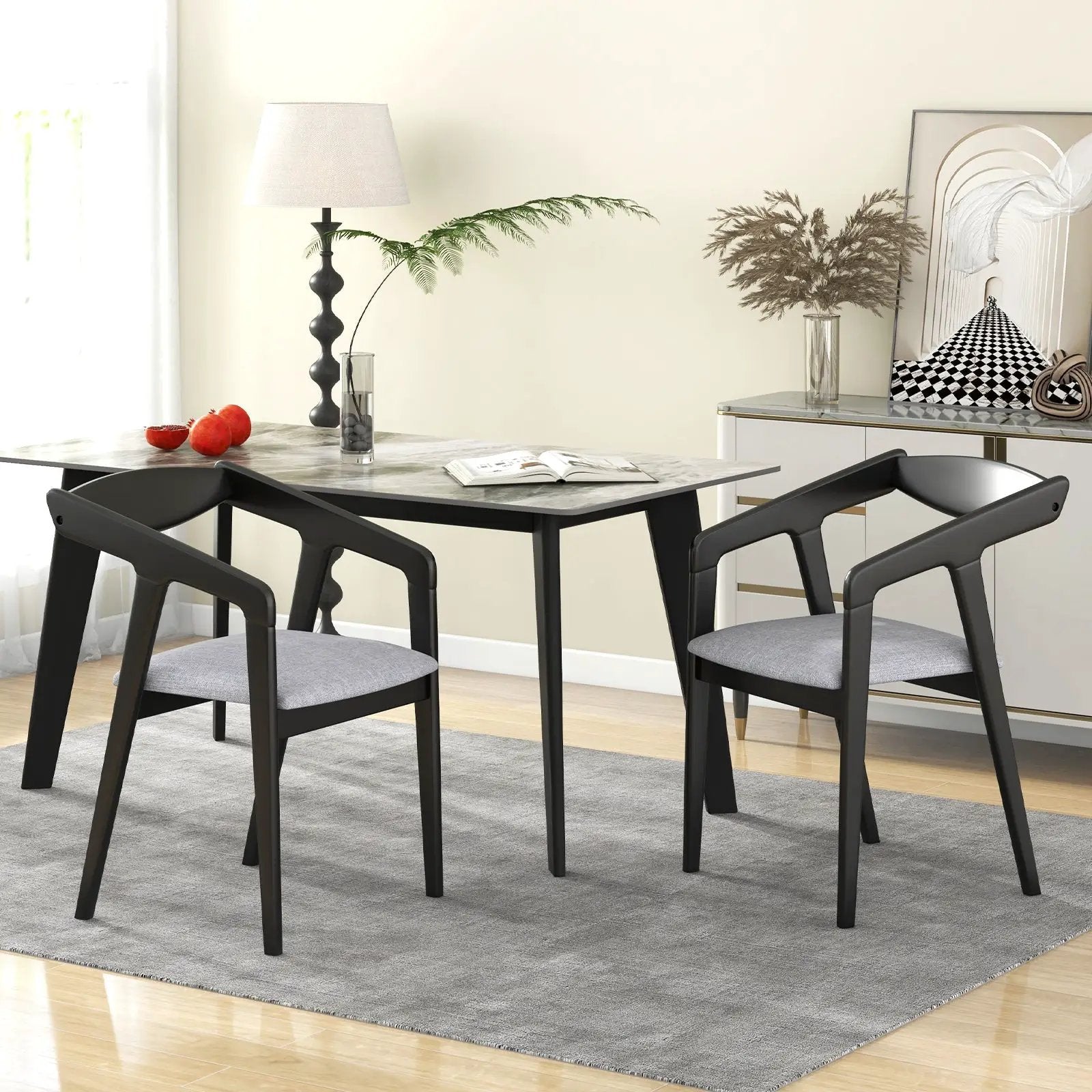 Wooden Dining Chair Set of 2 with Rubber Wood Frame Armrests and Padded Cushion-black by DirectDeals