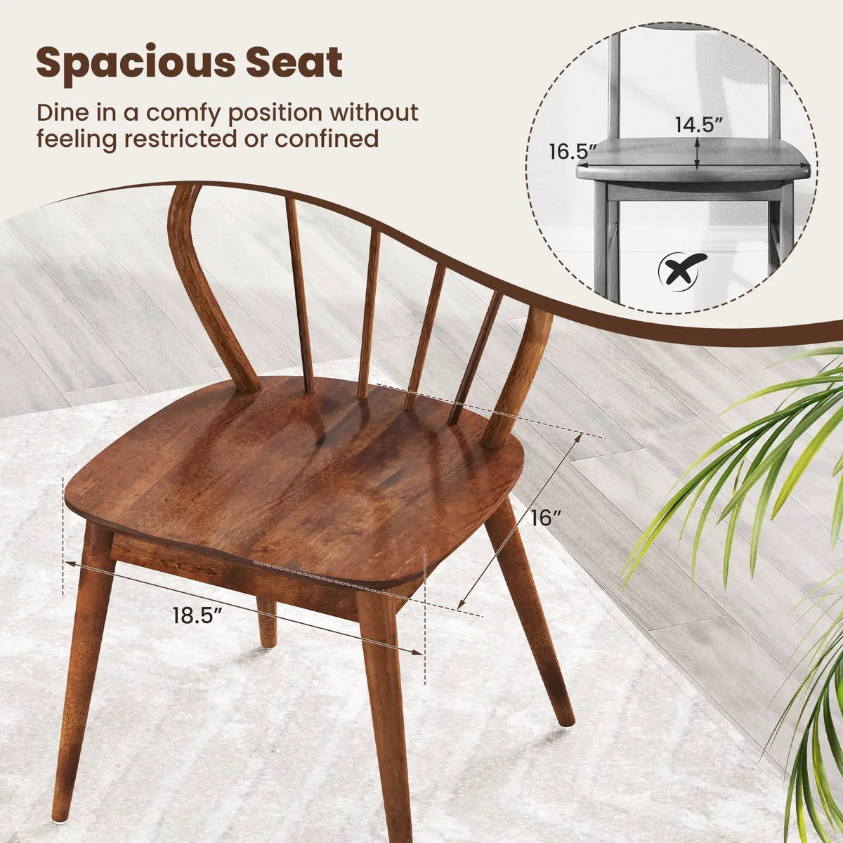 Wooden Dining Chair Set of 2 with High Spindle Back and Wide Seat by DirectDeals