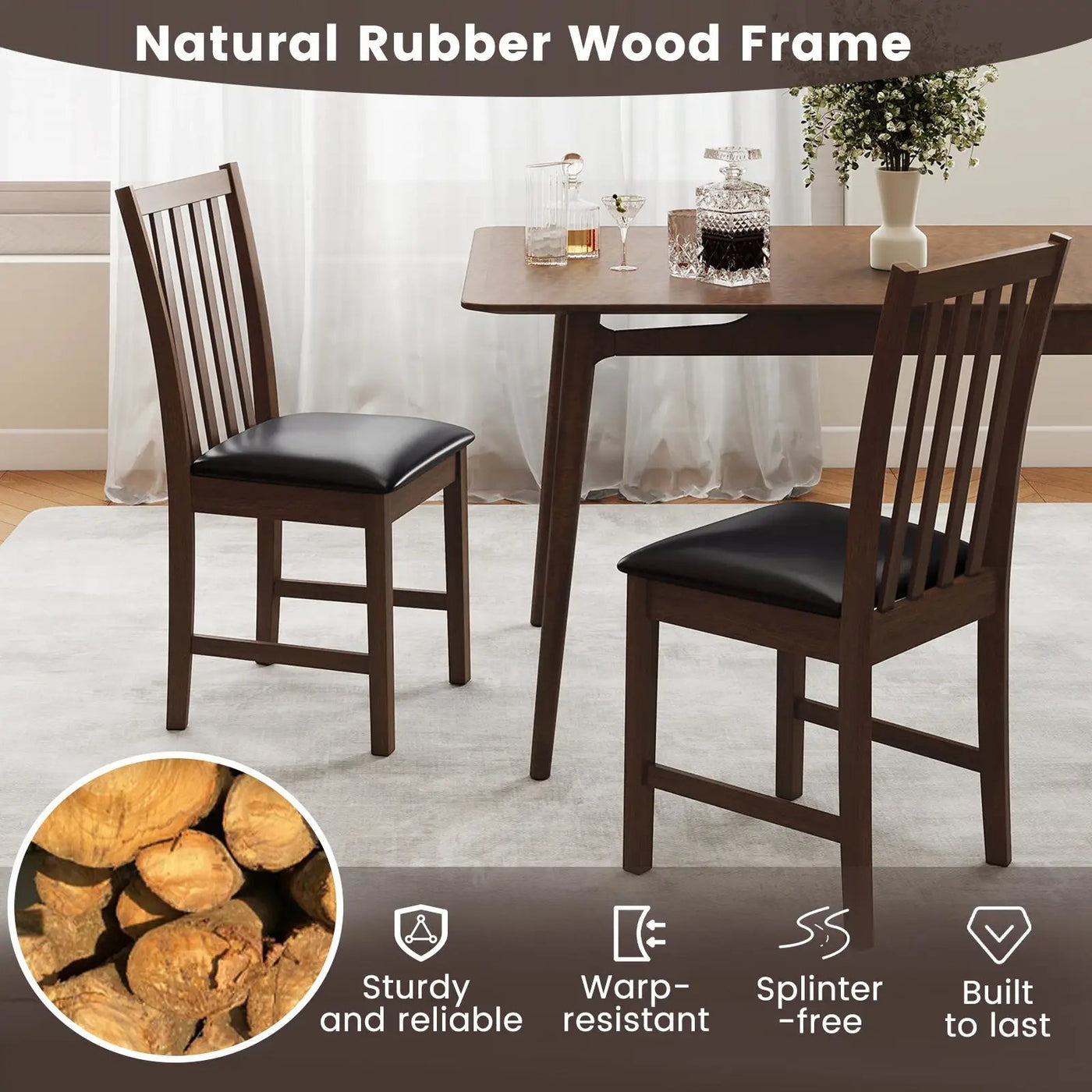 Wooden Dining Chair Set of 2 with Rubber Wood Frame and Padded Seat by DirectDeals
