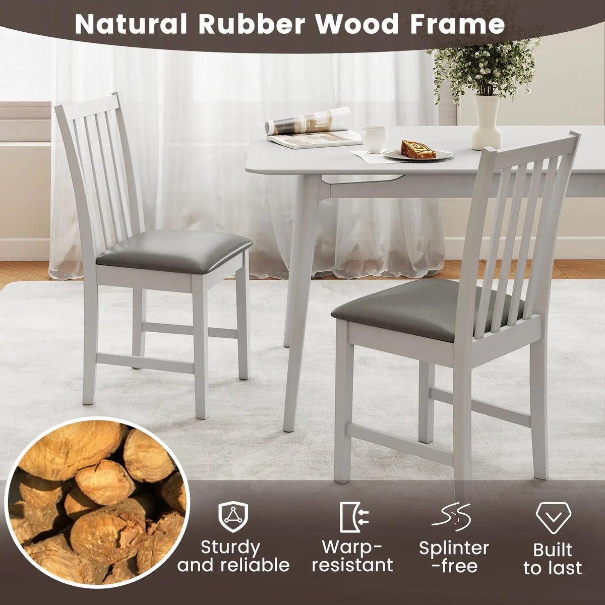 Wooden Dining Chair Set of 2 with Rubber Wood Frame and Padded Seat by DirectDeals