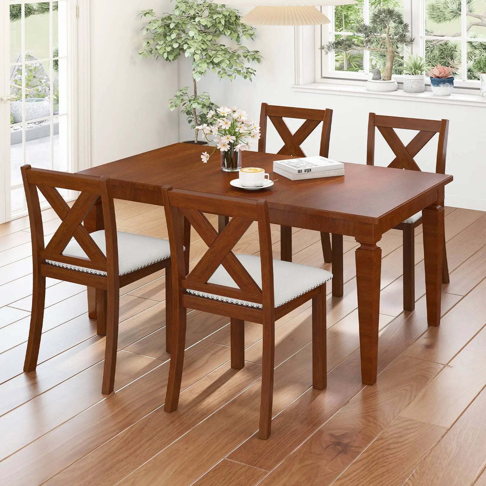 Wooden Dining Chair Set of 2 with Padded Seat and Curved Back-Beige by DirectDeals