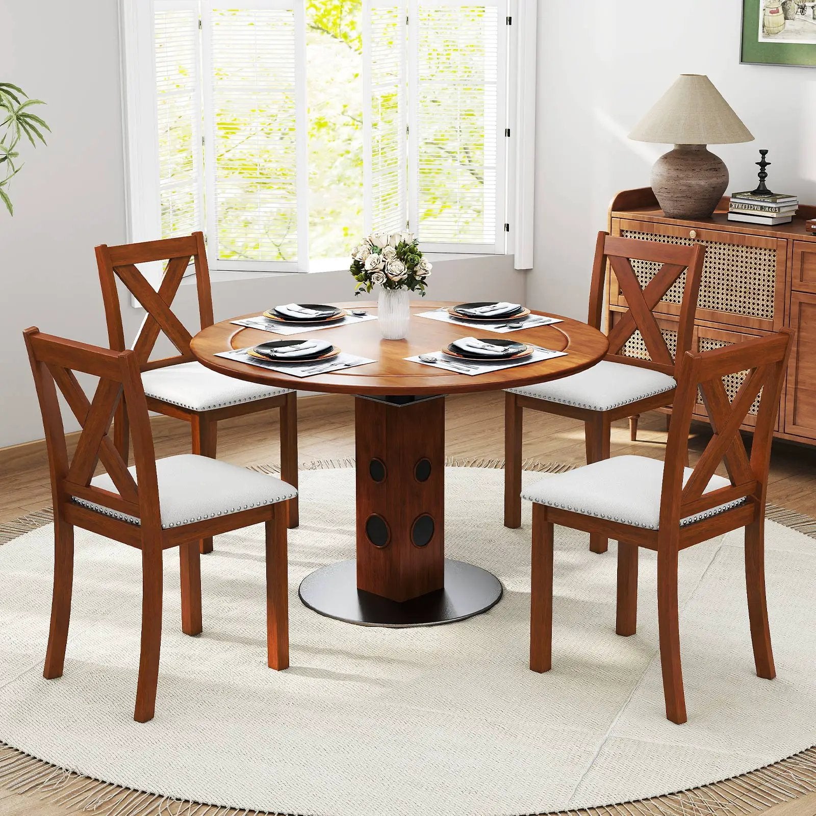 Wooden Dining Chair Set of 2 with Padded Seat and Curved Back-Beige by DirectDeals