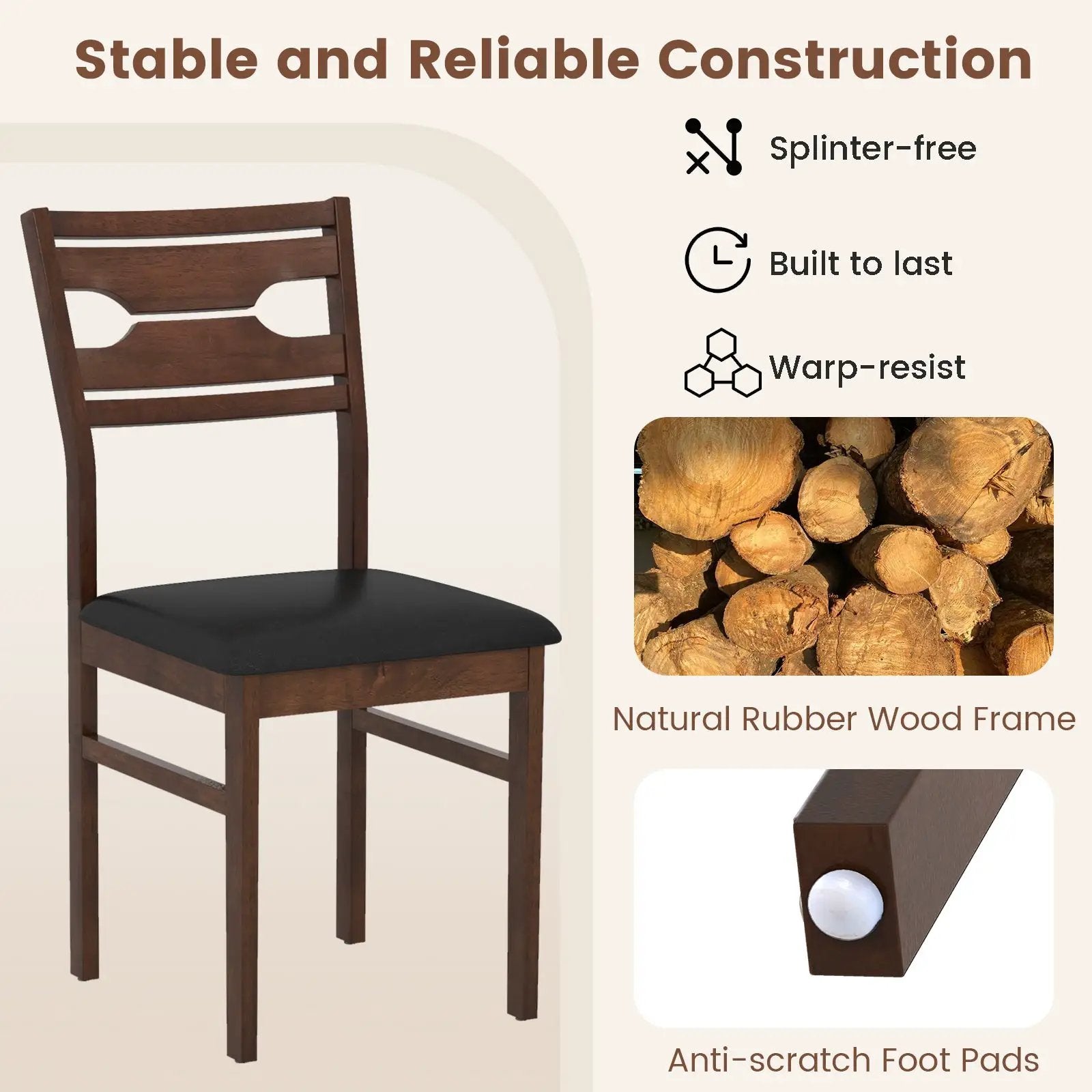Wooden Dining Chair Set of 2 with PU Leather Padded Seat and Rubber Wood Frame-Walnut by DirectDeals