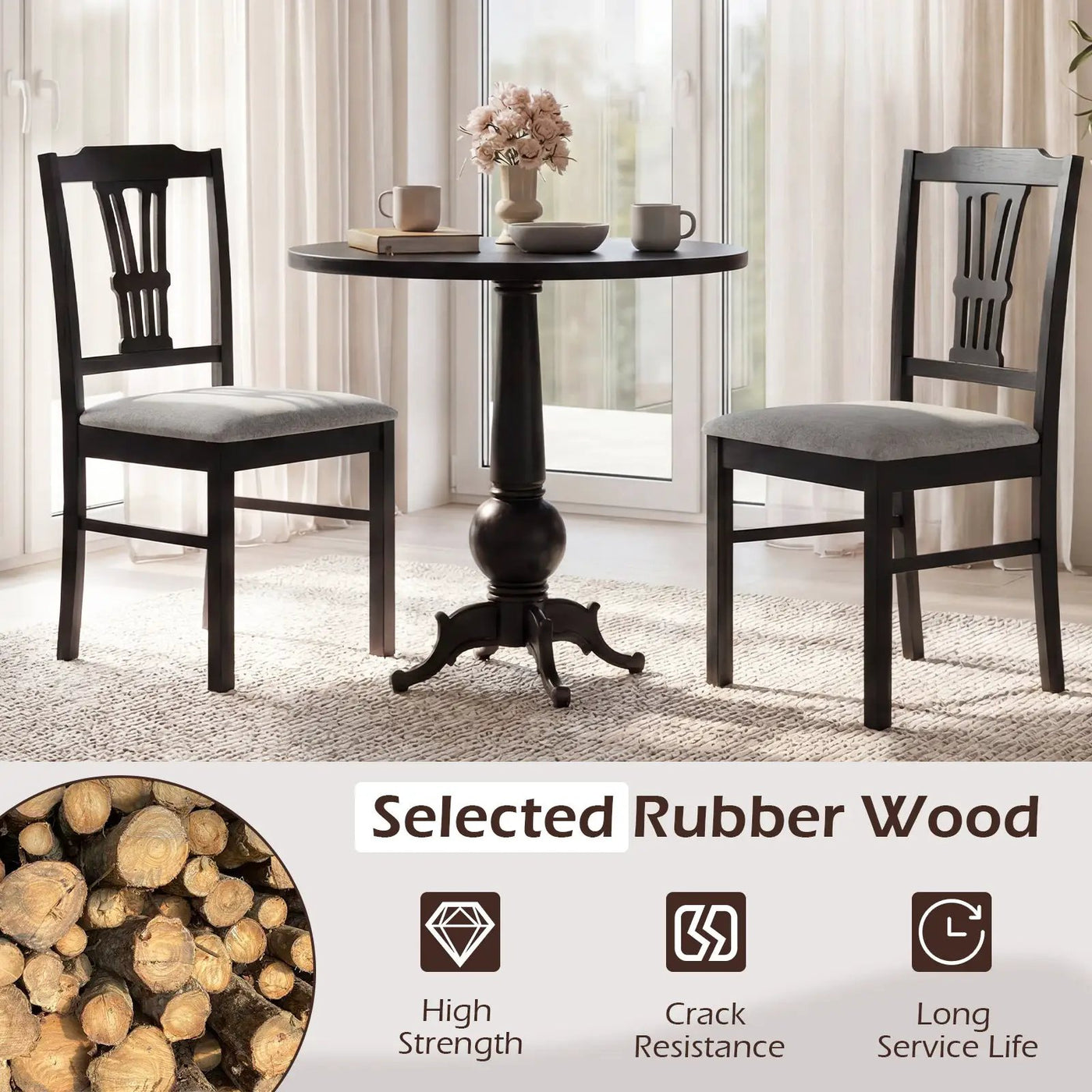 Wooden Dining Chairs Set of 2 Upholstered Kitchen Chairs with Solid Rubber Wood Frame by DirectDeals