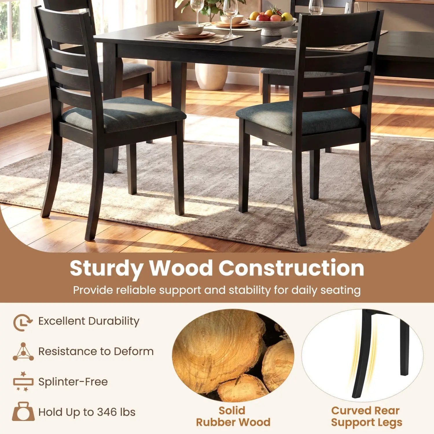 Wooden Dining Chairs Set of 2 Upholstered Kitchen Chairs with Rubber Wood Frame by DirectDeals