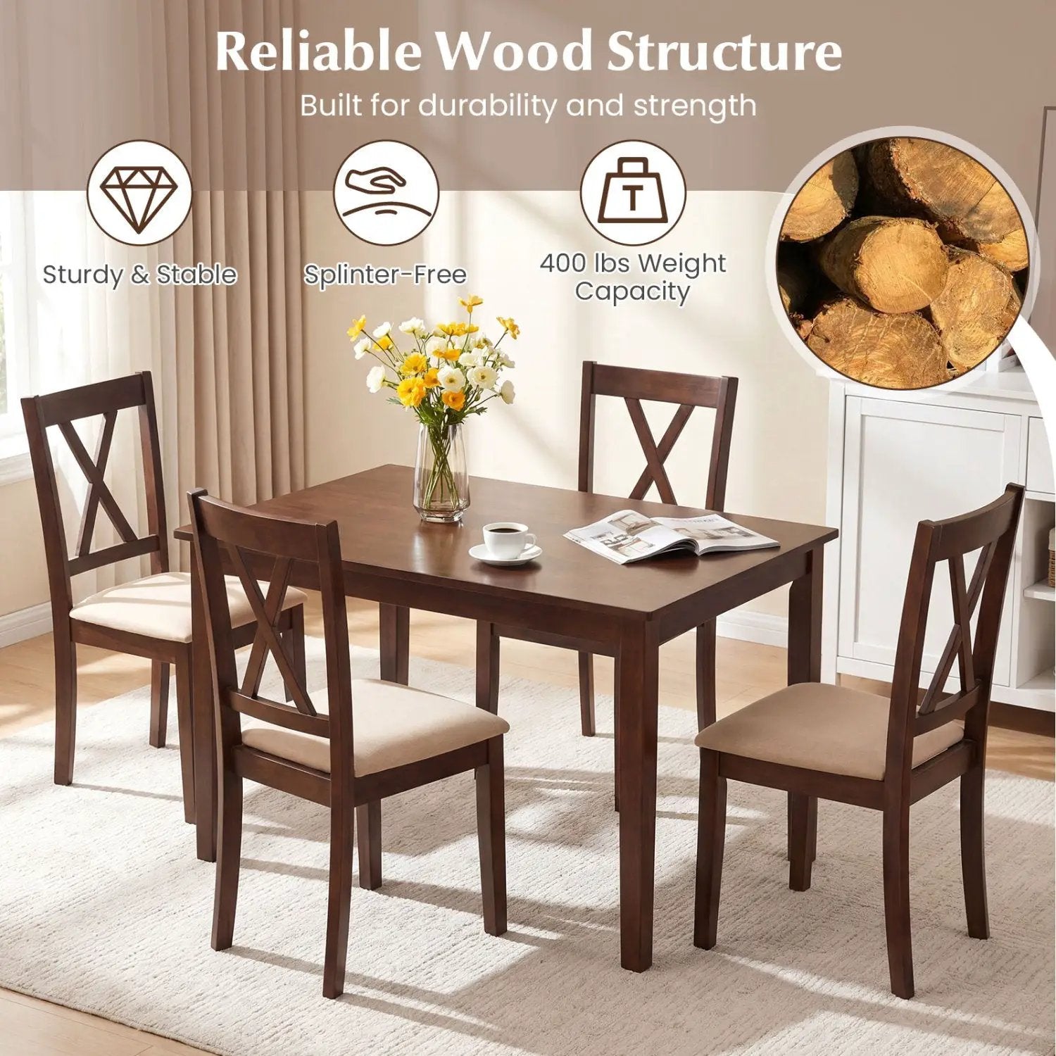 Wooden Dining Chairs Set of 4 Fabric Upholstered Kitchen Chairs by DirectDeals