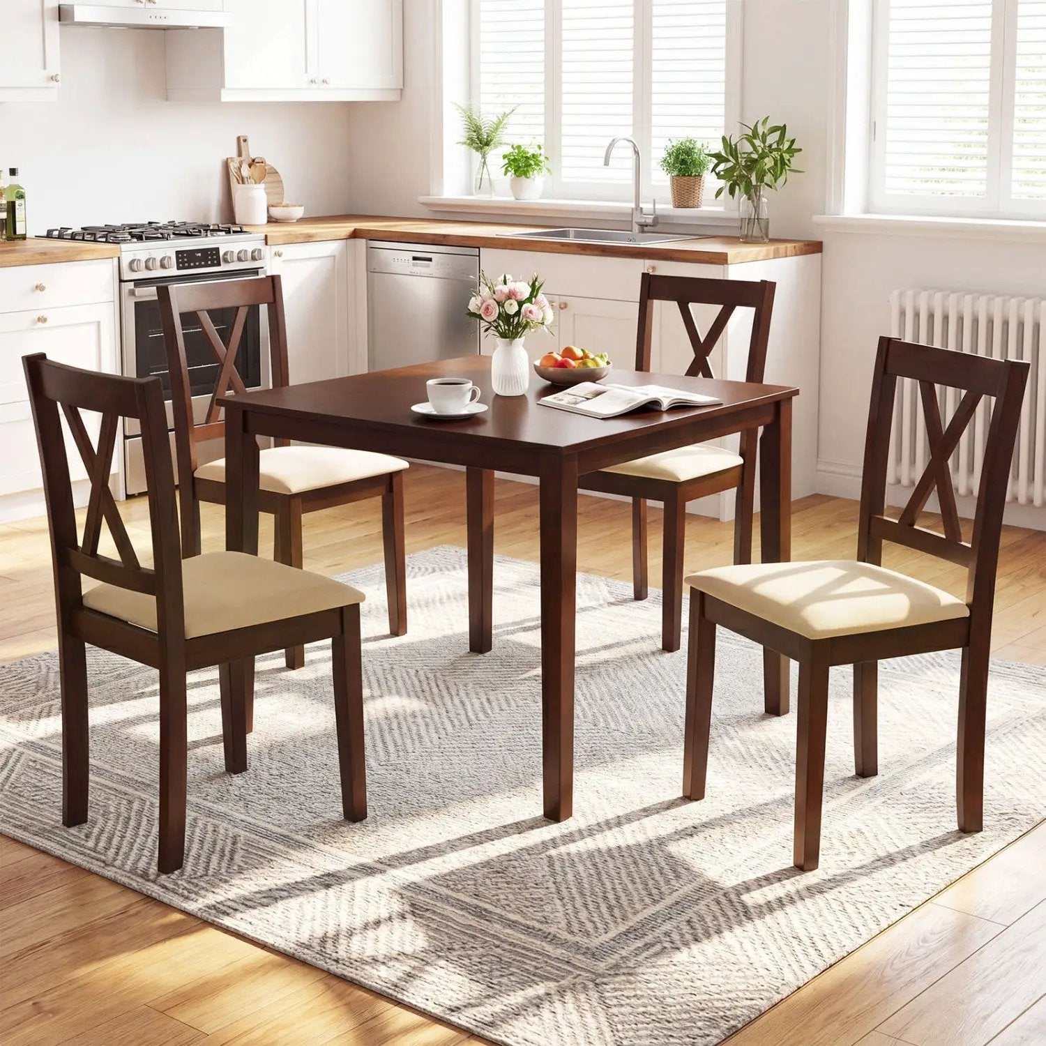 Wooden Dining Chairs Set of 4 Fabric Upholstered Kitchen Chairs by DirectDeals