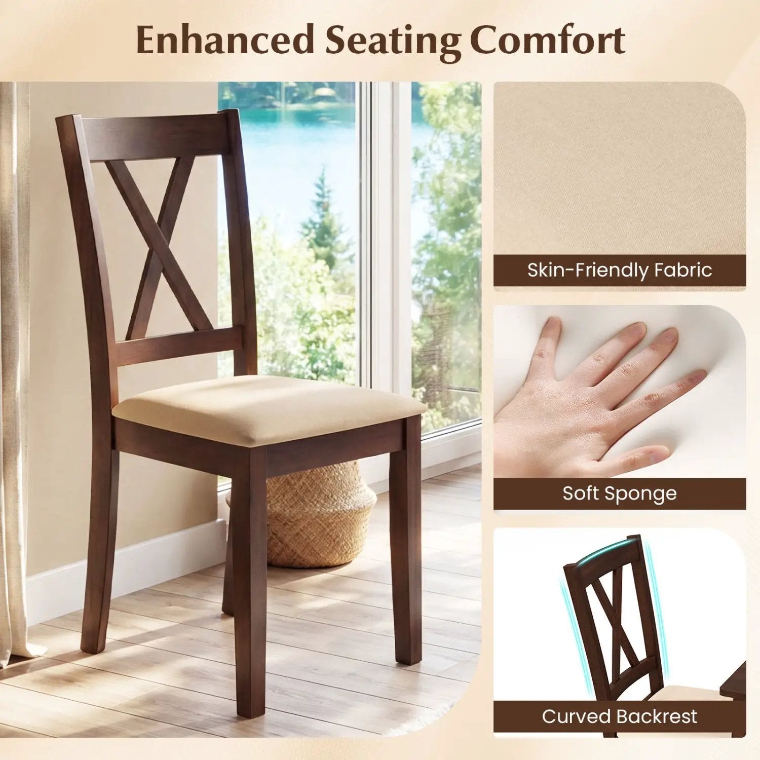 Wooden Dining Chairs Set of 4 Fabric Upholstered Kitchen Chairs by DirectDeals