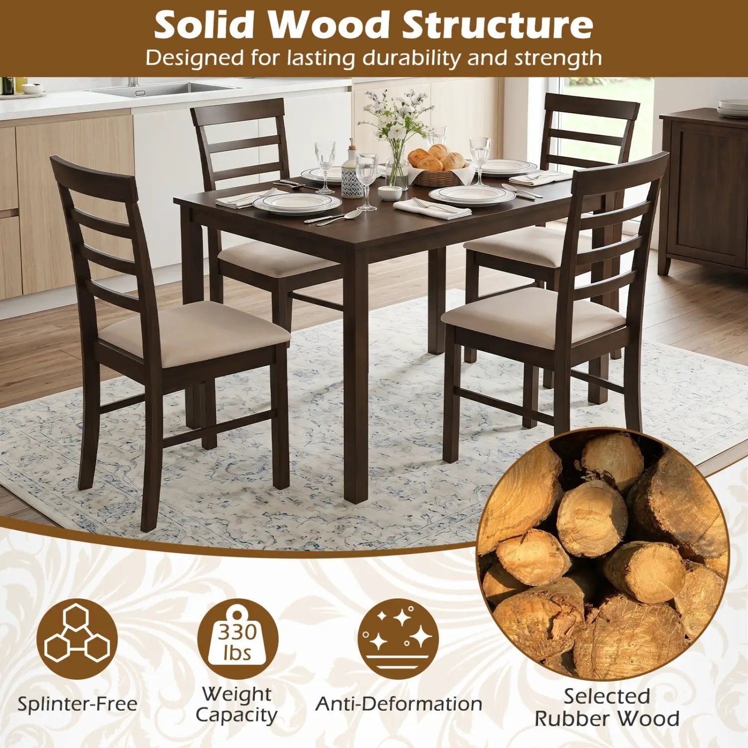 Dining Chairs Set of 4 with Fabric Cushion and Wood Frame by DirectDeals