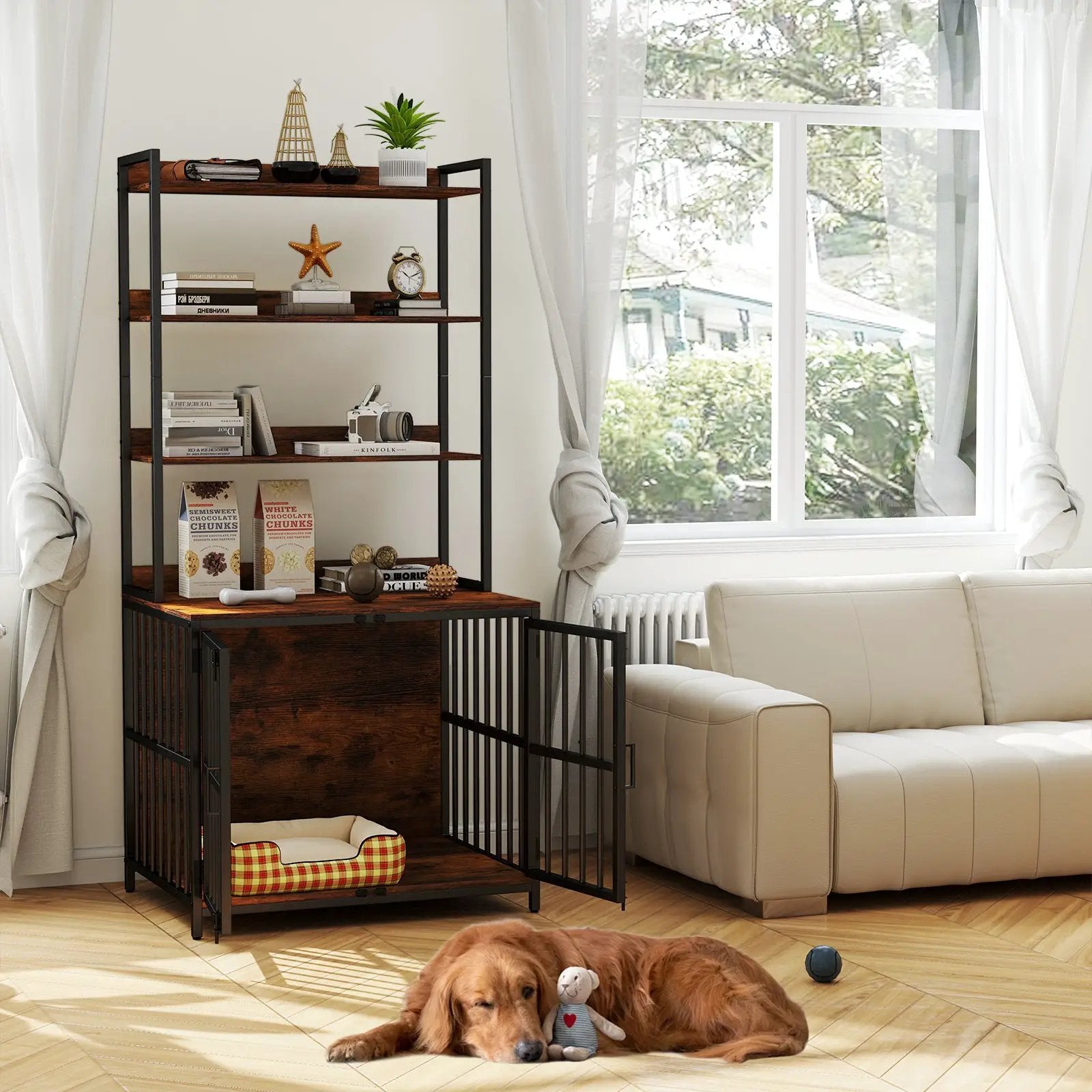 Wooden Dog Crate Furniture with Storage Shelves and Double Doors-Rustic Brown by DirectDeals