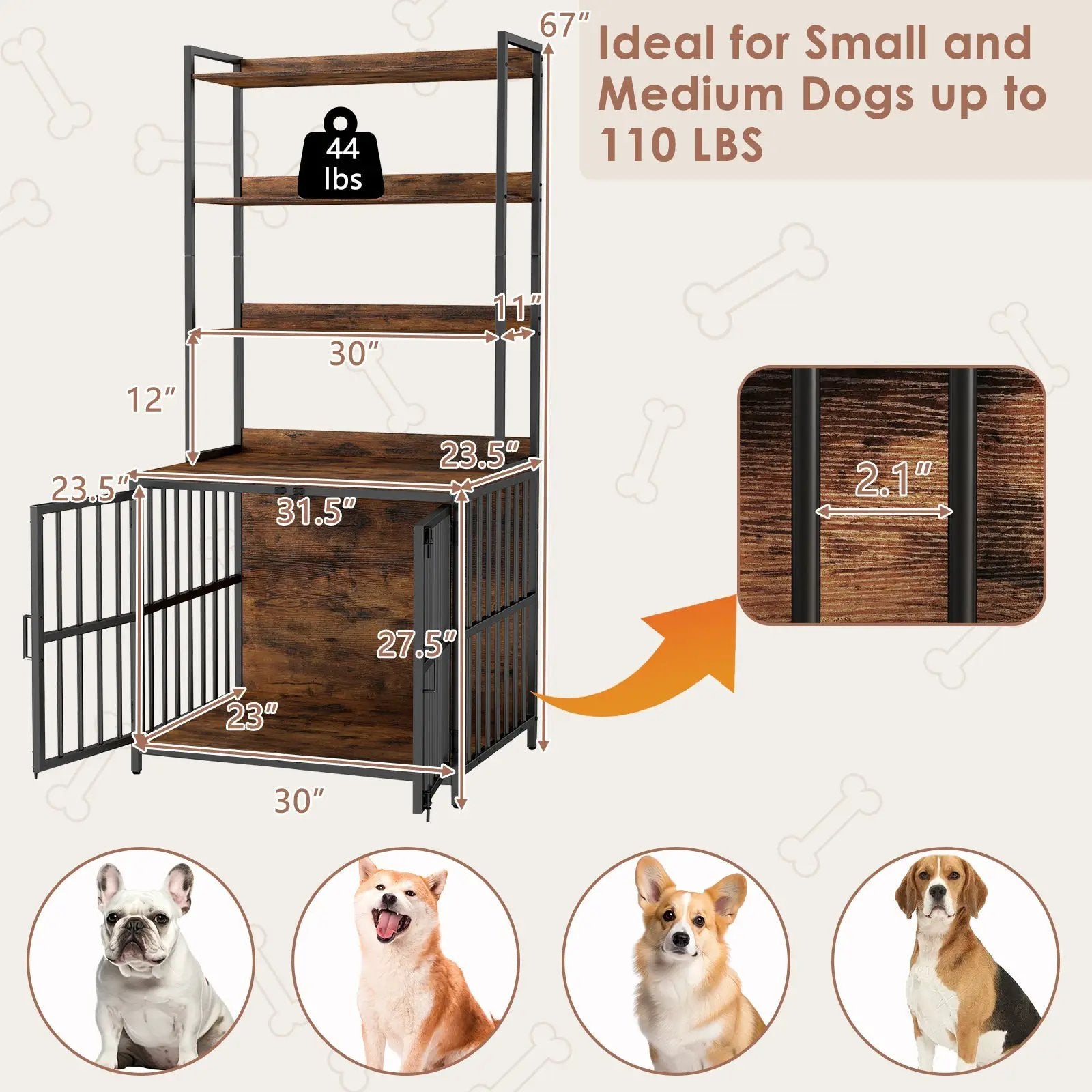 Wooden Dog Crate Furniture with Storage Shelves and Double Doors-Rustic Brown by DirectDeals