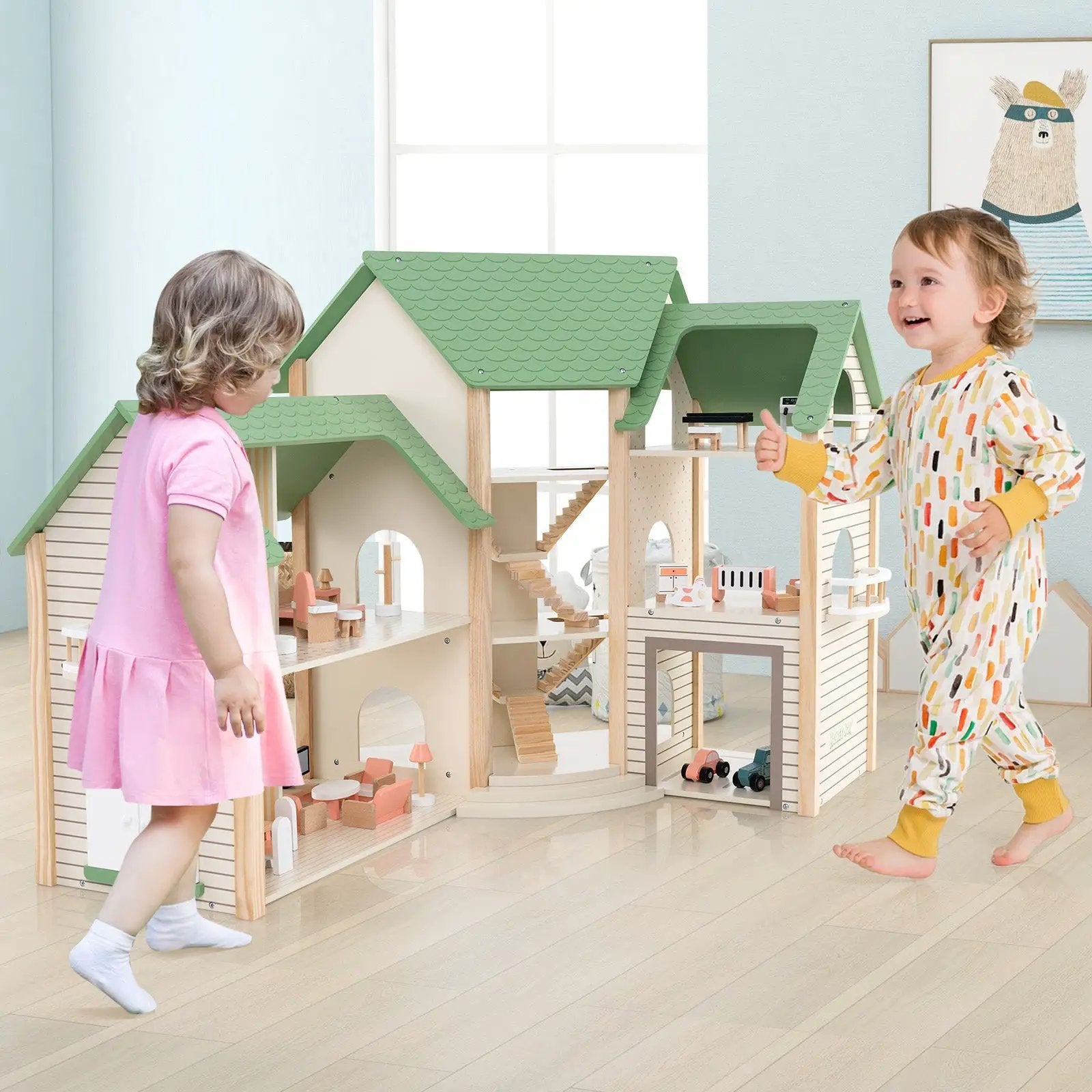Wooden Corner Dollhouse Playset with 6 Rooms and 36 Pieces for Kids 3+ Years Old-Green by DirectDeals
