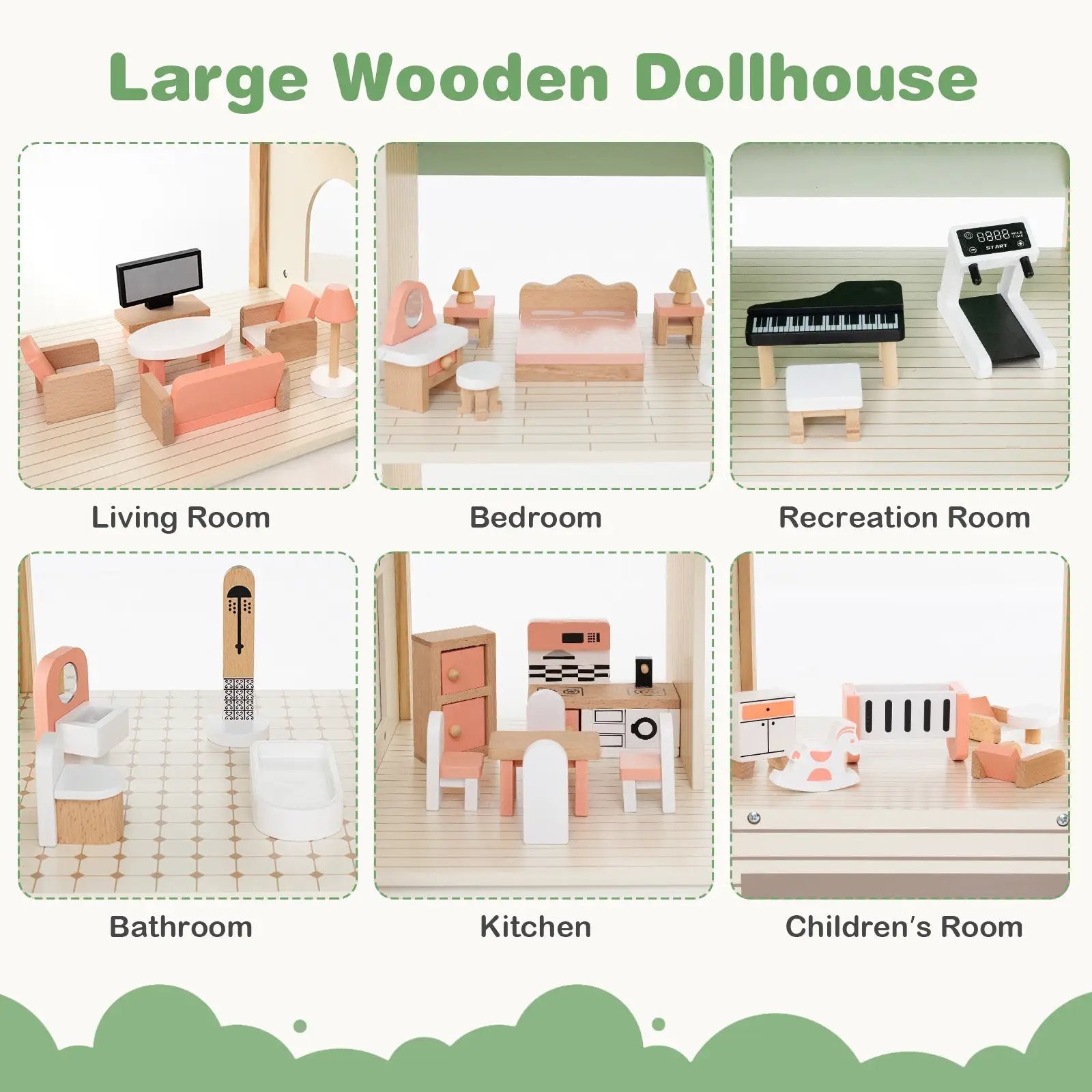 Wooden Corner Dollhouse Playset with 6 Rooms and 36 Pieces for Kids 3+ Years Old-Green by DirectDeals