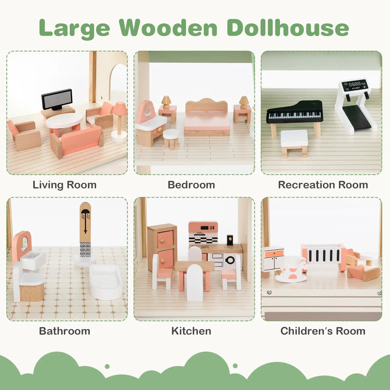 Wooden Corner Dollhouse Playset with 6 Rooms and 36 Pieces for Kids 3+ Years Old-Green by DirectDeals