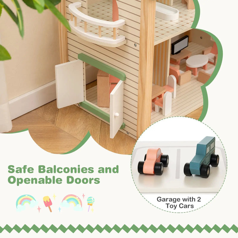 Wooden Corner Dollhouse Playset with 6 Rooms and 36 Pieces for Kids 3+ Years Old-Green by DirectDeals