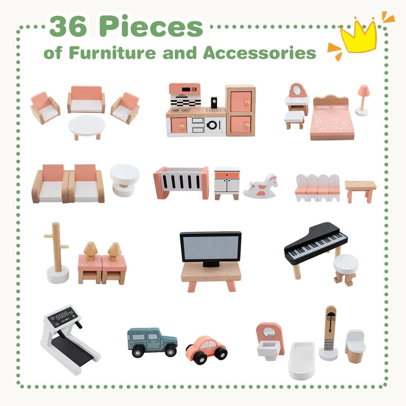 Wooden Corner Dollhouse Playset with 6 Rooms and 36 Pieces for Kids 3+ Years Old-Green by DirectDeals