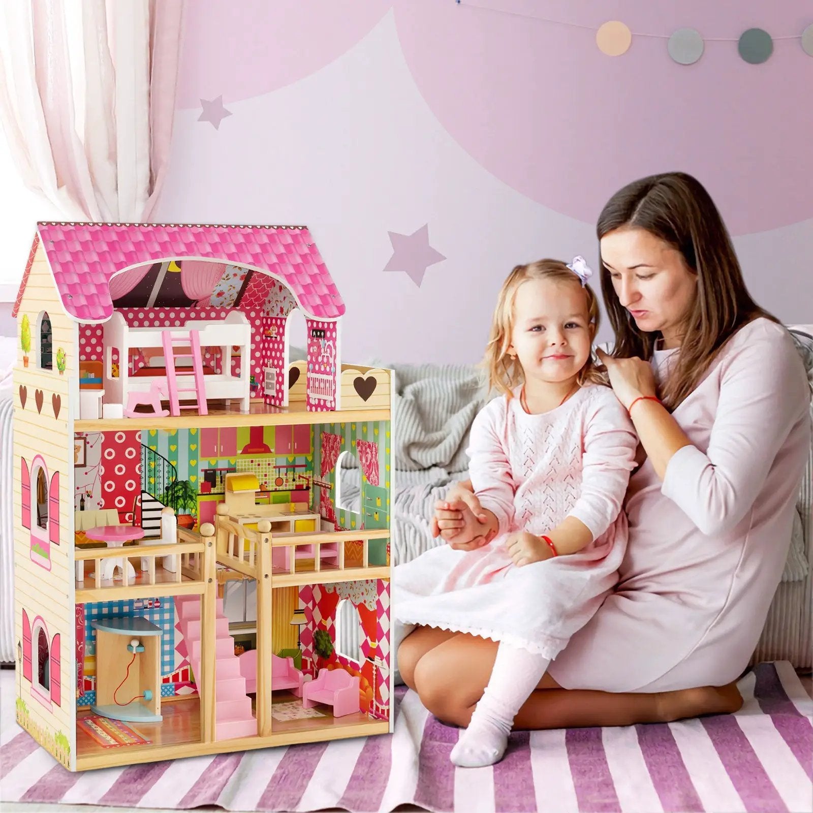 Doll House Playset with 3 Stories and 6 Simulated Rooms and 15 Pieces of Furniture-Pink by DirectDeals