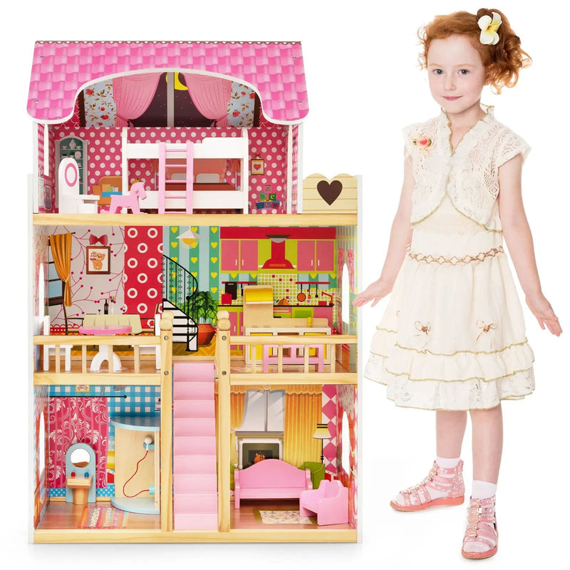 Doll House Playset with 3 Stories and 6 Simulated Rooms and 15 Pieces of Furniture-Pink by DirectDeals
