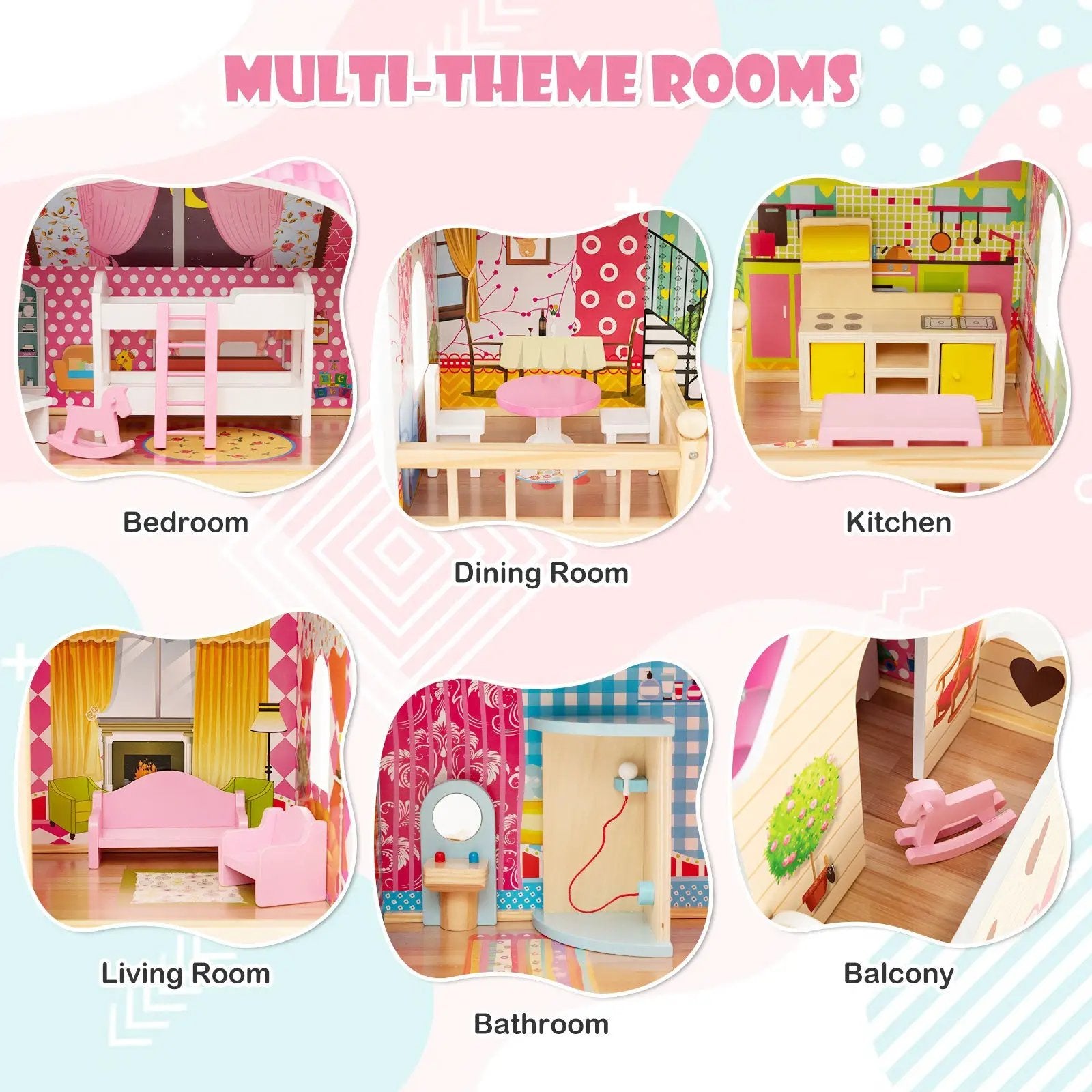 Doll House Playset with 3 Stories and 6 Simulated Rooms and 15 Pieces of Furniture-Pink by DirectDeals