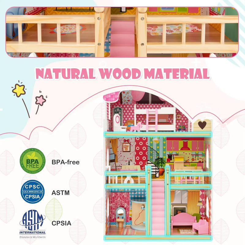 Doll House Playset with 3 Stories and 6 Simulated Rooms and 15 Pieces of Furniture-Pink by DirectDeals