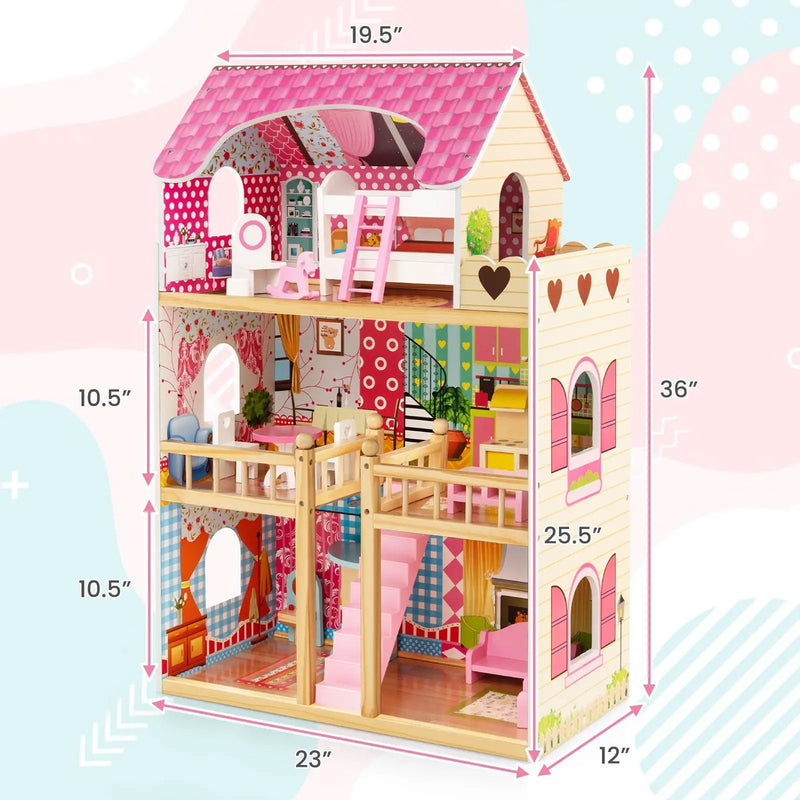 Doll House Playset with 3 Stories and 6 Simulated Rooms and 15 Pieces of Furniture-Pink by DirectDeals