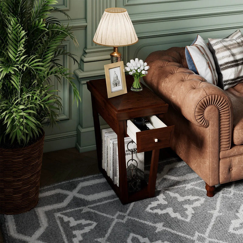 2-Tier Rubber Wood Classic End Table with Drawer and Shelf by DirectDeals