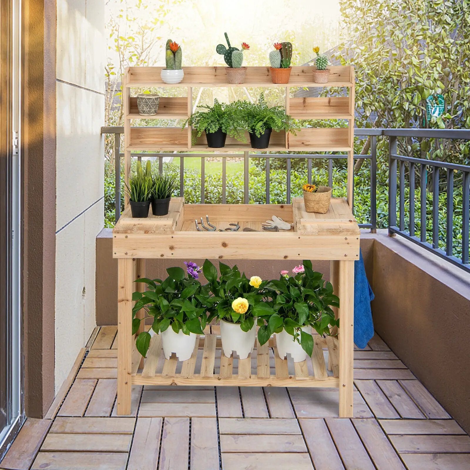 Large Garden Potting Bench Table with Display Rack and Hidden Sink-Natural by DirectDeals