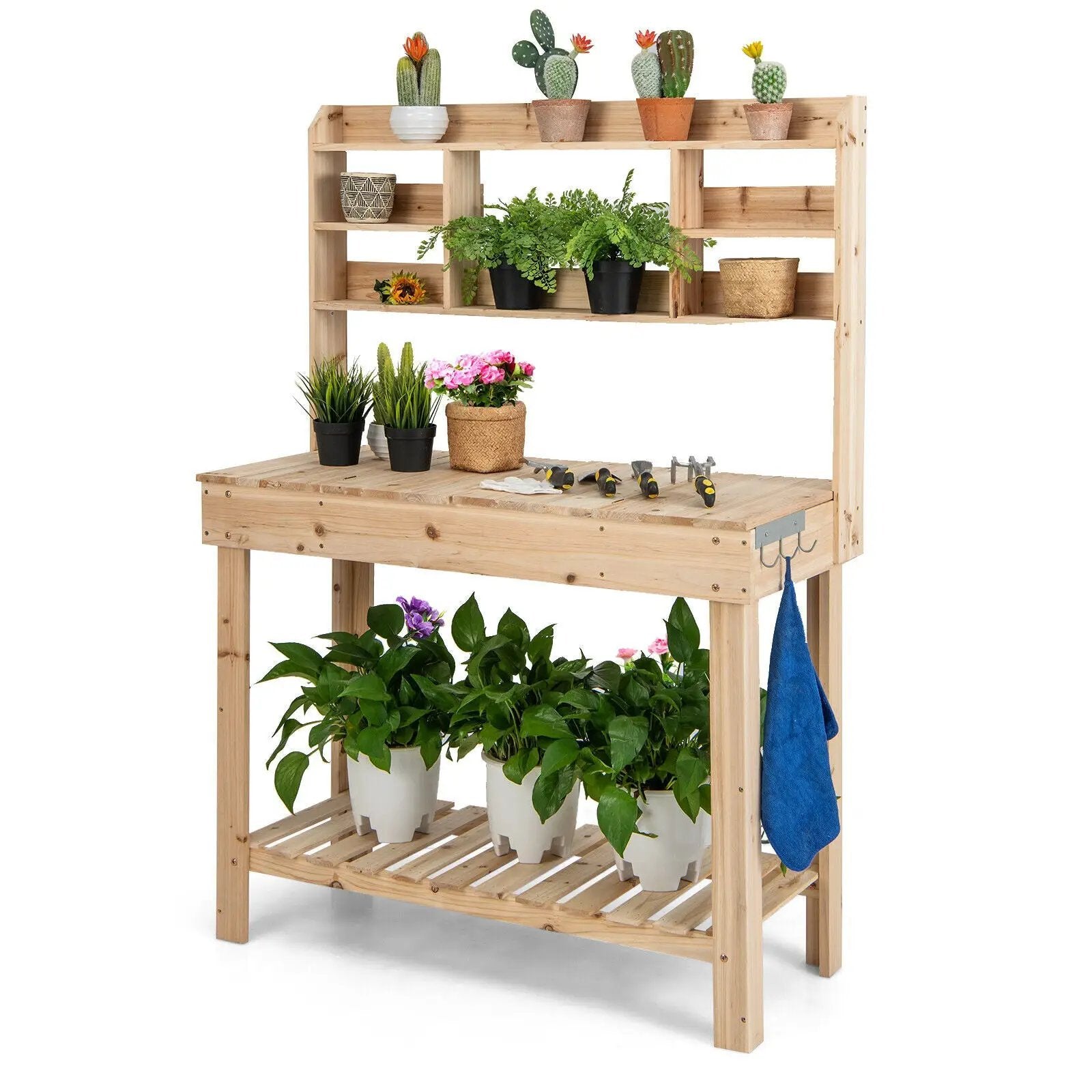 Large Garden Potting Bench Table with Display Rack and Hidden Sink-Natural by DirectDeals