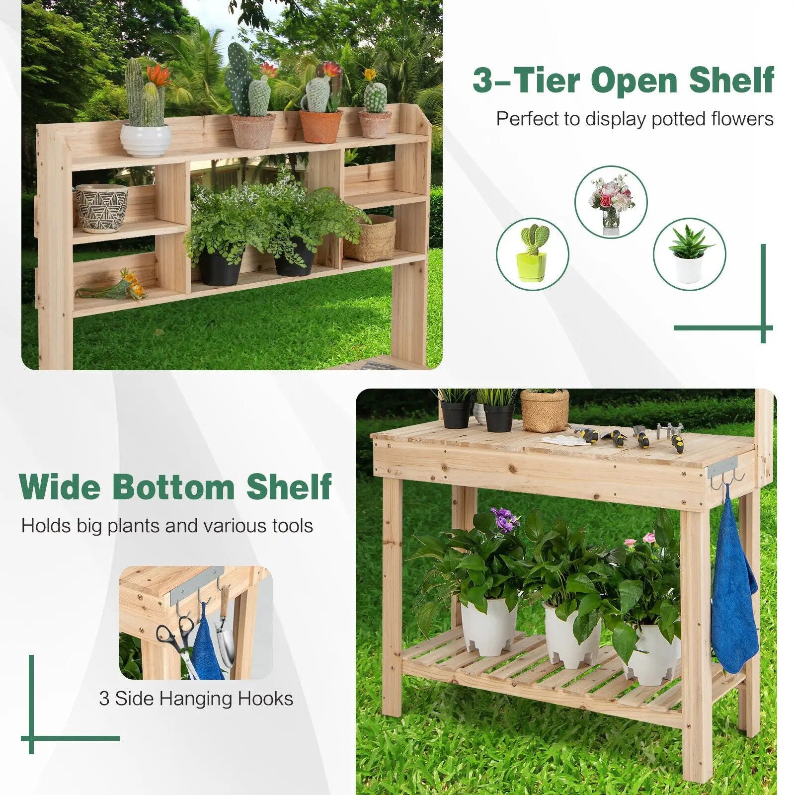 Large Garden Potting Bench Table with Display Rack and Hidden Sink-Natural by DirectDeals