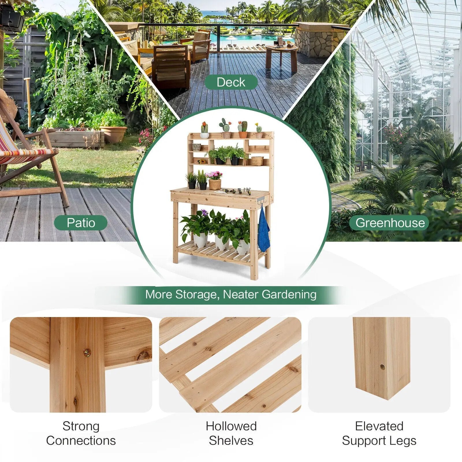 Large Garden Potting Bench Table with Display Rack and Hidden Sink-Natural by DirectDeals