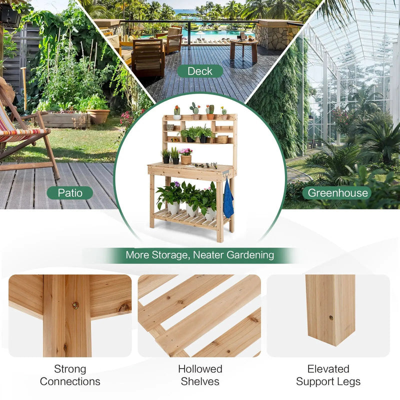 Large Garden Potting Bench Table with Display Rack and Hidden Sink-Natural by DirectDeals