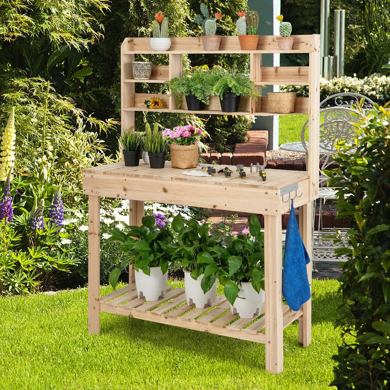 Large Garden Potting Bench Table with Display Rack and Hidden Sink-Natural by DirectDeals