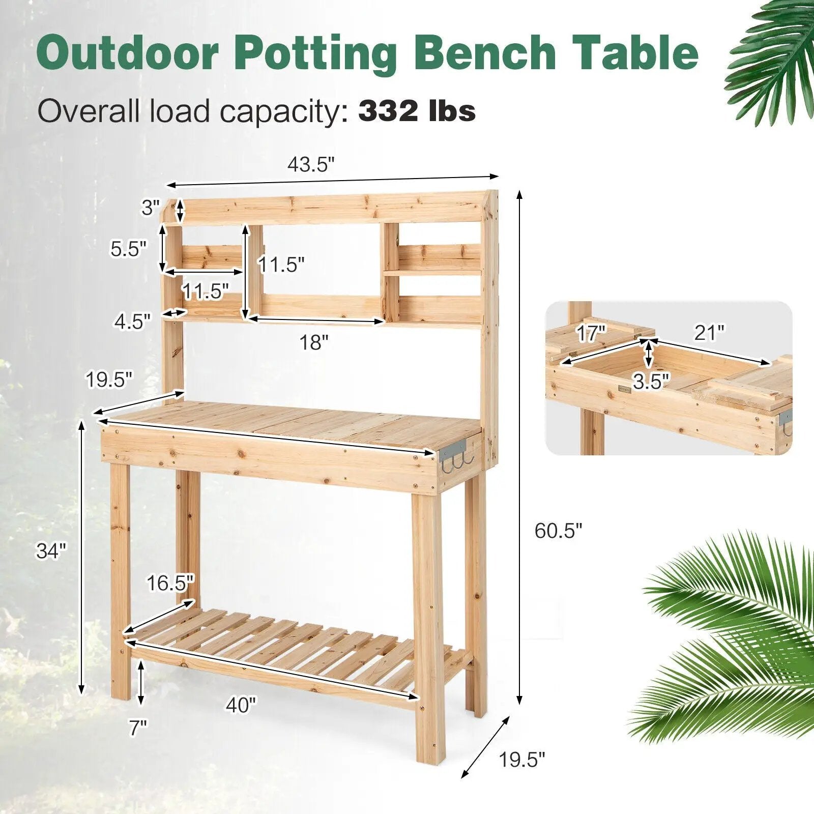 Large Garden Potting Bench Table with Display Rack and Hidden Sink-Natural by DirectDeals
