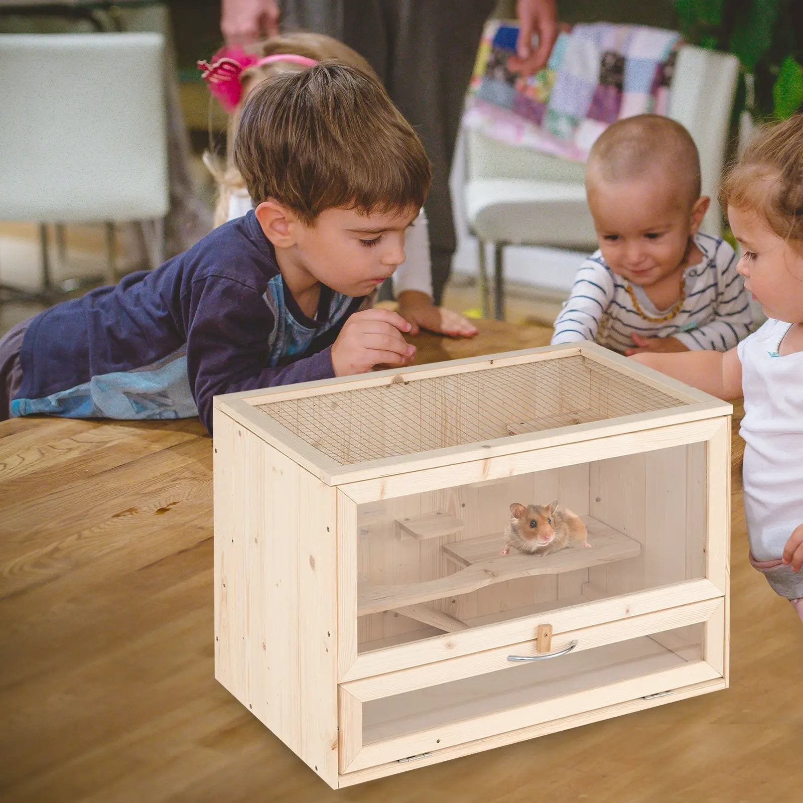 Wooden Hamster Cage with Mesh Flip Roof-Natural by DirectDeals
